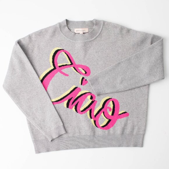 Philosophy Republic Clothing Women’s Large Sweater Gray “Ciao” Crewneck Pullover - Picture 2 of 7